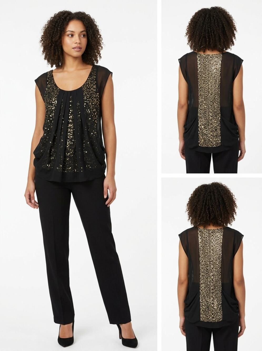 Vintage Arden B. Black Gold Sequin Draped Top Women See Measurements